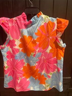 Floral Flutter Sleeve Women’s Top in Pink, Orange & Blue